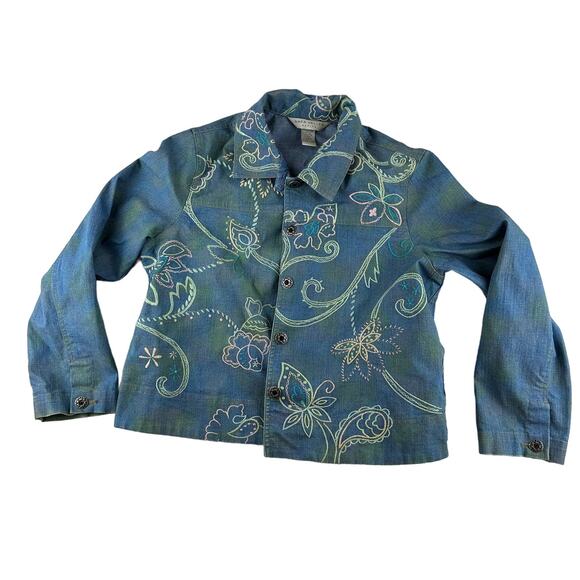 Funky Denim Patterned Embroidered Tie-Dye Button-Up Collared Jean Jacket PM - Picture 1 of 4